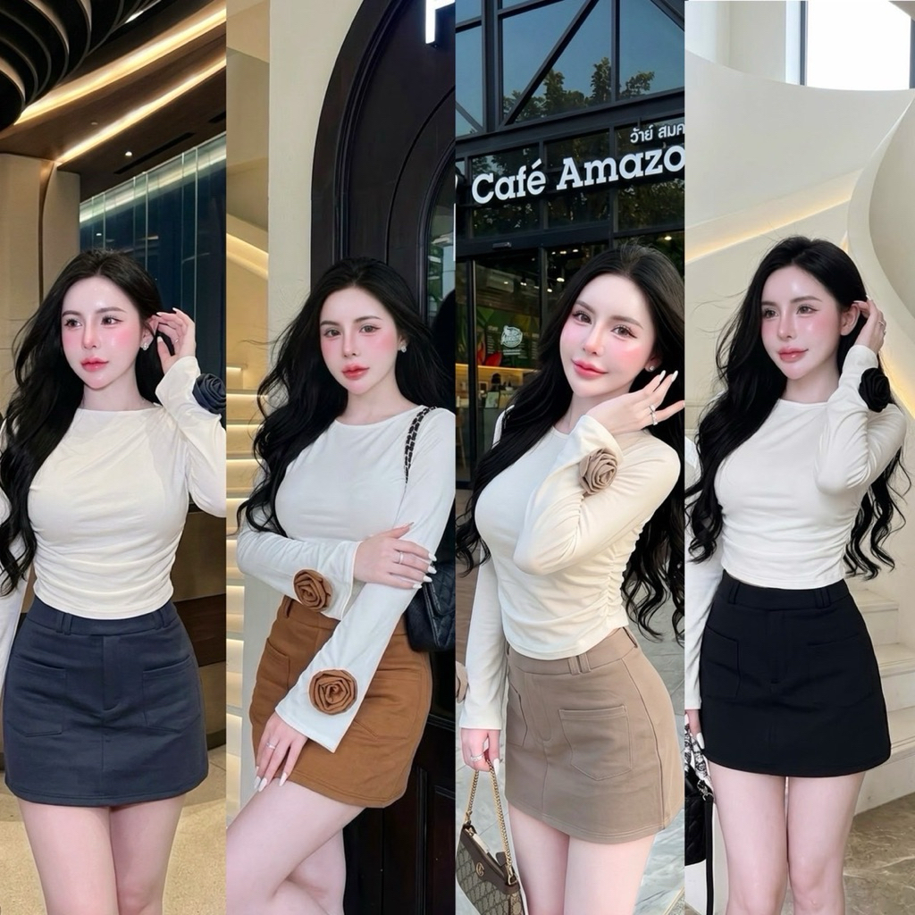 👗พร้อมส่ง👗ชุดเซ็ท2ชิ้น เสื้ิอแขนแต่งดอกกุหลาบ กระโปรงมีซับ ไฮโซ สวยจึ้ง