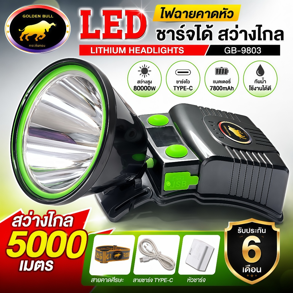 ไฟฉายคาดหัว แรงสูง GOLDEN BULL GB-9803 8000W ส่องไกล 1500M ปรับแสงได้ หัวไฟ 4 นิ้ว ชาร์จไฟ USB ไฟฉายกรีดยาง เดินป่า