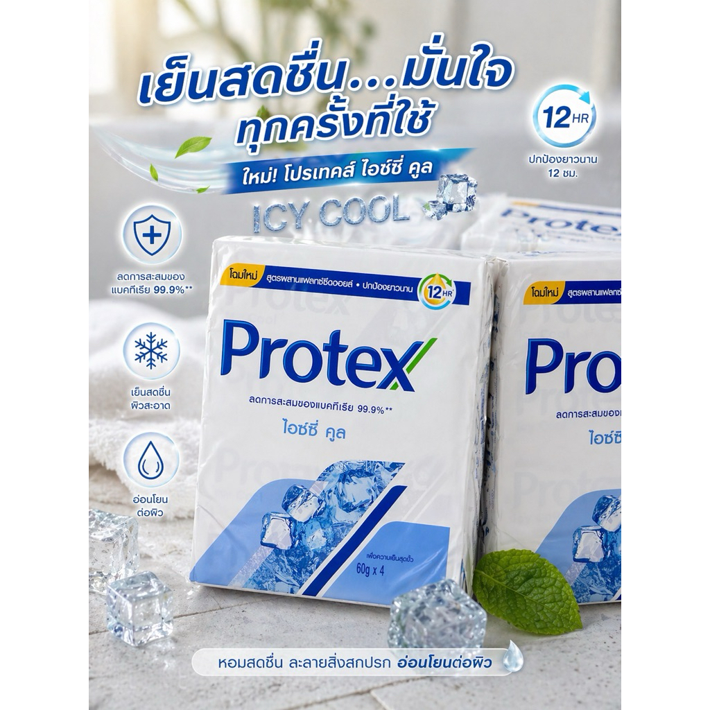 (สบู่ก้อน) Protex 60g ไอซ์ซี่คูล ลดแบคทีเรีย 99.9% แพ็ค 4 ก้อน ความเย็นสะใจ ฟินสุดหลังใช้ ใช้ยาวๆ ได้ทั้งเดือน