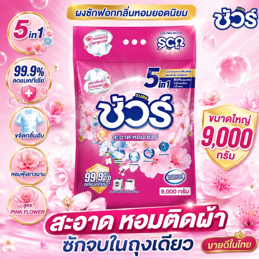 SURE 5in1 ผงซักฟอก ชัวร์ 9kg หอมX3➕อมสดชื่น 72ชั่วโมง➕ฆ่าเชื้อ 99.9%➕ขจัดคราบสกปรก➕ป้องกันการตกสีห➕ไม่ทำลายเครื่องซักผ้า