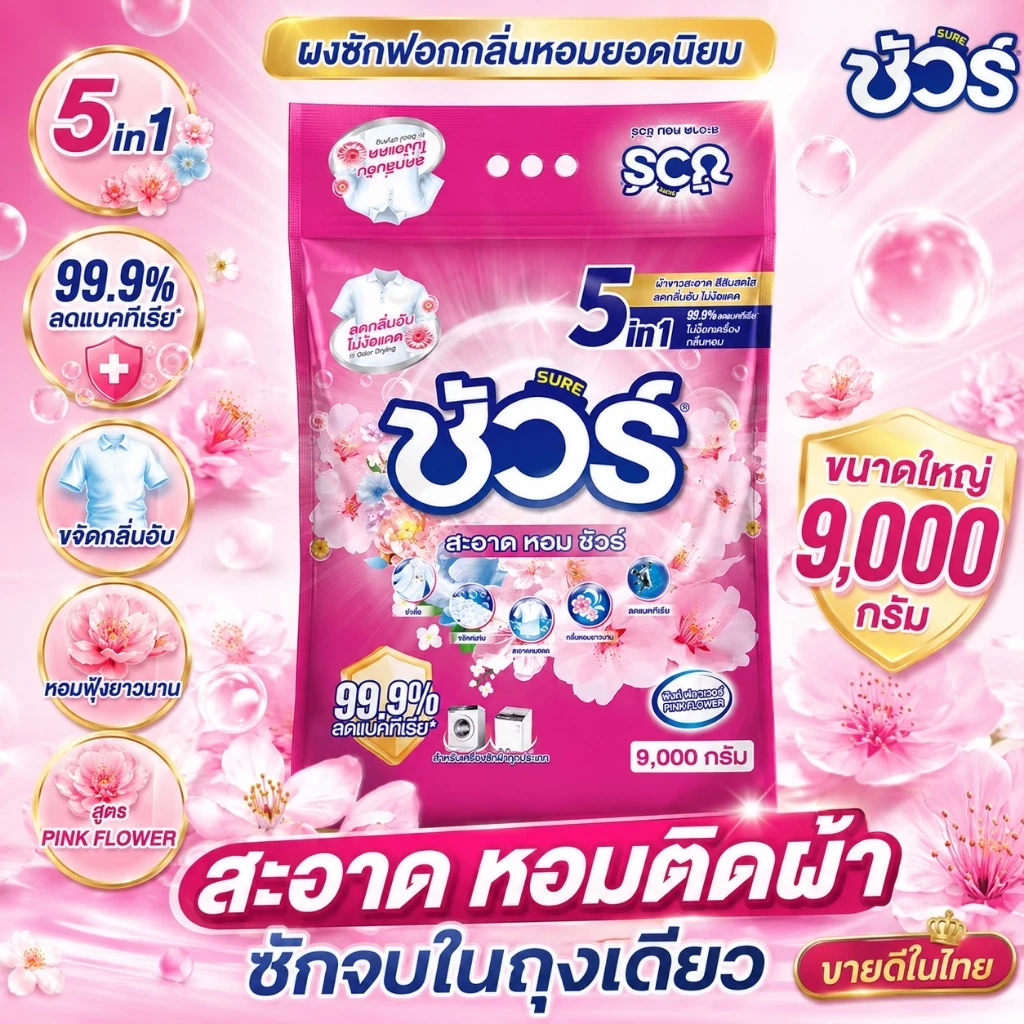 SURE 5in1 ผงซักฟอก ชัวร์ 9kg หอมX3➕อมสดชื่น 72ชั่วโมง➕ฆ่าเชื้อ 99.9%➕ขจัดคราบสกปรก➕ป้องกันการตกสีห➕ไม่ทำลายเครื่องซักผ้า