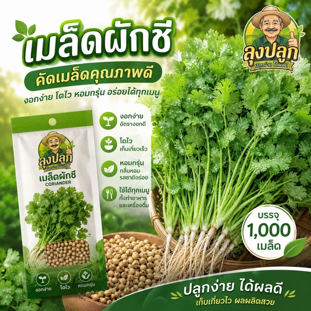 เมล็ดผักชี 1,000 เมล็ด ใบสวย ปลูกง่าย อัตราการงอกดี