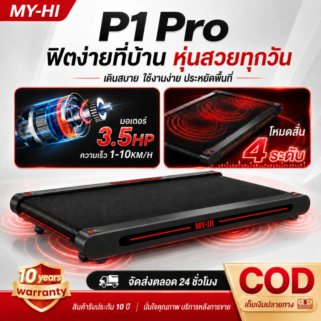 ลู่วิ่ง ลูวิ่งไฟฟ้า P1 ลู่วิ่งไฟฟ้าระบบสั่น พับได้ เครื่องวิ่งออกกำลังกาย ฟังก์ชันสั่นสะเทือน 4 ระดับ เสียงเงียบ