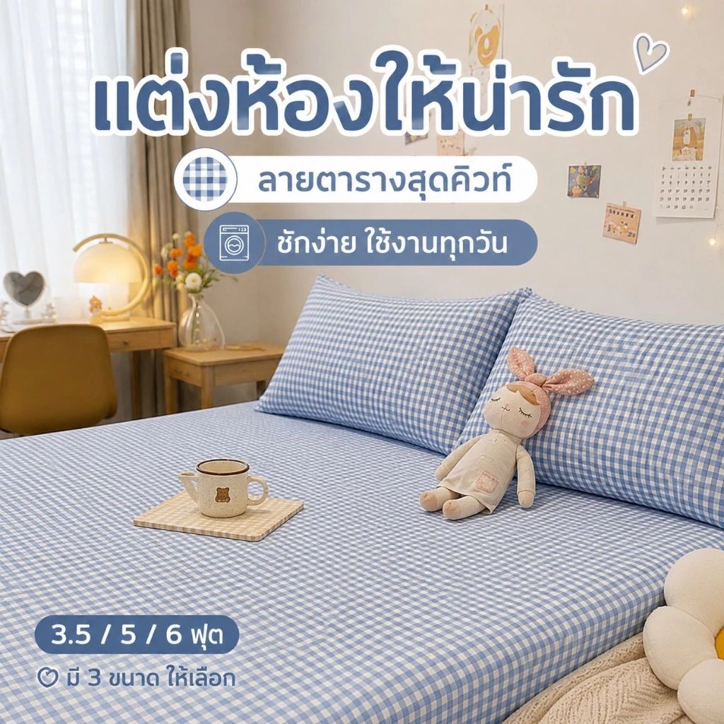 ผ้าปูที่นอนรัดมุมลายสก็อตสุดคิ้วท์ ชุด 3 ชิ้น พร้อมปลอกหมอน นุ่มสบาย ไม่หลุดง่าย ซักเครื่องได้ 3.5/5/6 ฟุต