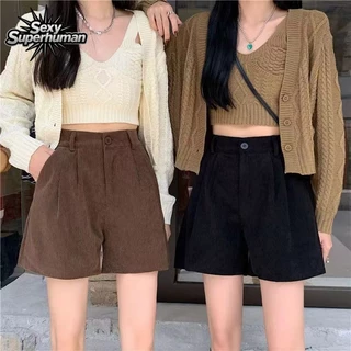 สไตล์เกาหลีมาแรง กางเกงขาสั้น ผ้าลูกฟูก เอวสูง ทรงตรง หลวมๆ ใส่ได้ทุกวัน ไซส์S-XXL พร้อมส่ง