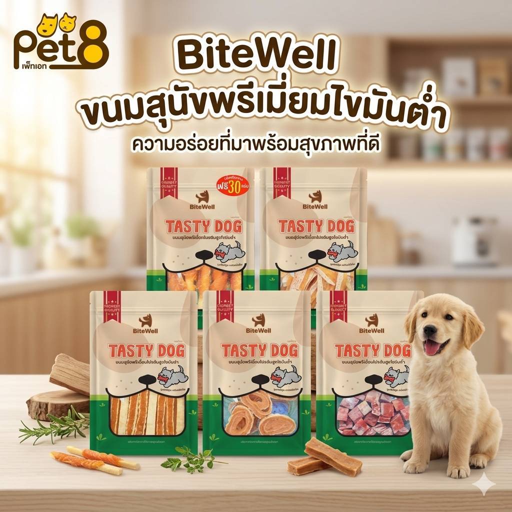 Pet8 ขนมสุนัข พรีเมี่ยม BiteWell ไขมันต่ำ 50g  ของอร่อย มันต้องมีติดบ้าน พร้อมส่ง