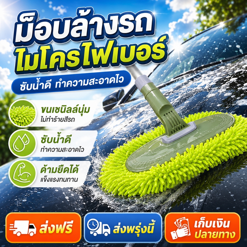 【3M】ไม้ล้างรถ แปรงล้างรถ ยาว 60-100cm ยืดได้ 3 ระดับ ไม้ม็อบไมโครไฟเบอร์ แปรงทำความสะอาด
