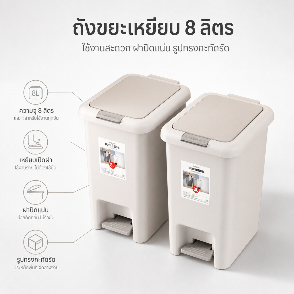 (ซื้อ 1 แถม 1) ถังขยะ แบบเปิดมือ-เปิดเท้า ถังขยะใหญ่ ถังขยะมินิมอลพลาสติกทรงสี่เหลี่ยม ถังขยะฝาปิด ถังขยะแข็งแรง