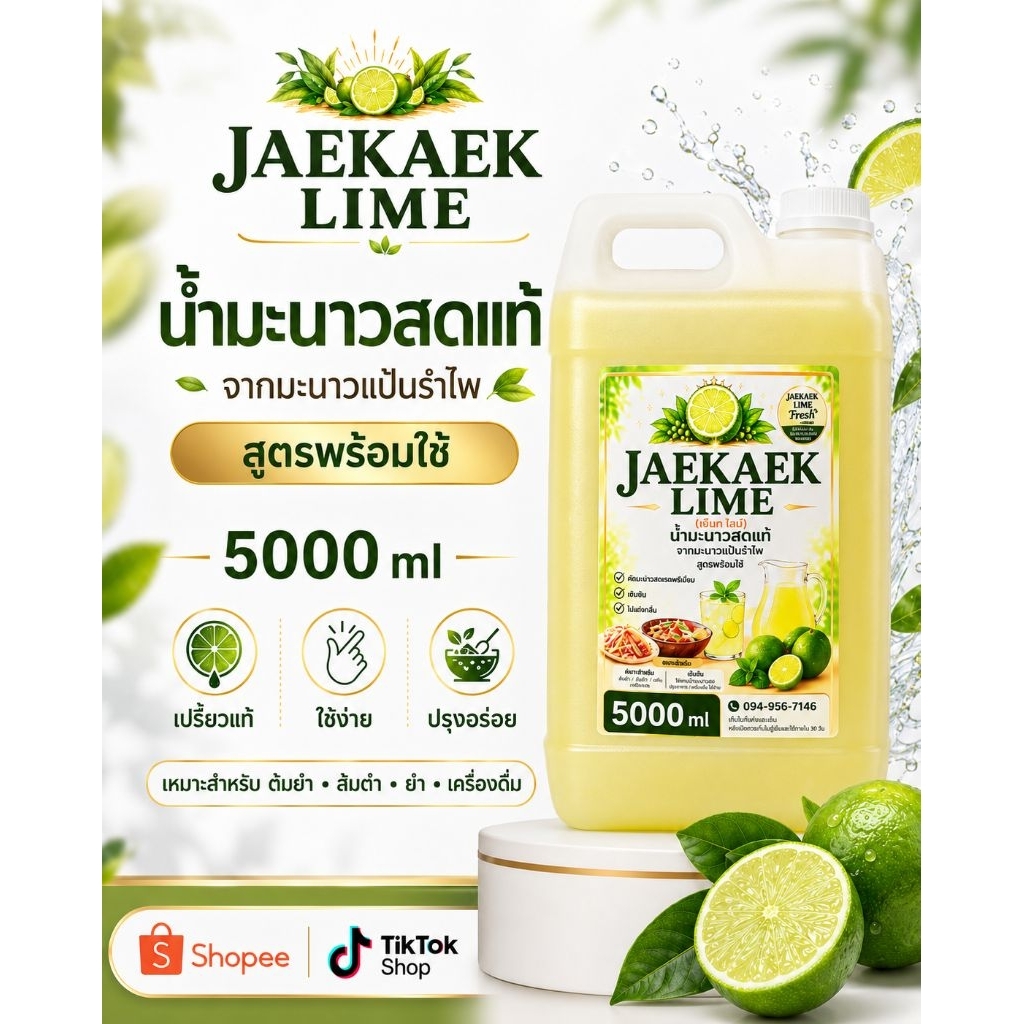 เจ๊แขกไลม์​ น้ำมะนาวคั้นสดแท้ จากมะนาวพันธุ์แป้นรำไพ ชนิดแกลลอน 5000 ml