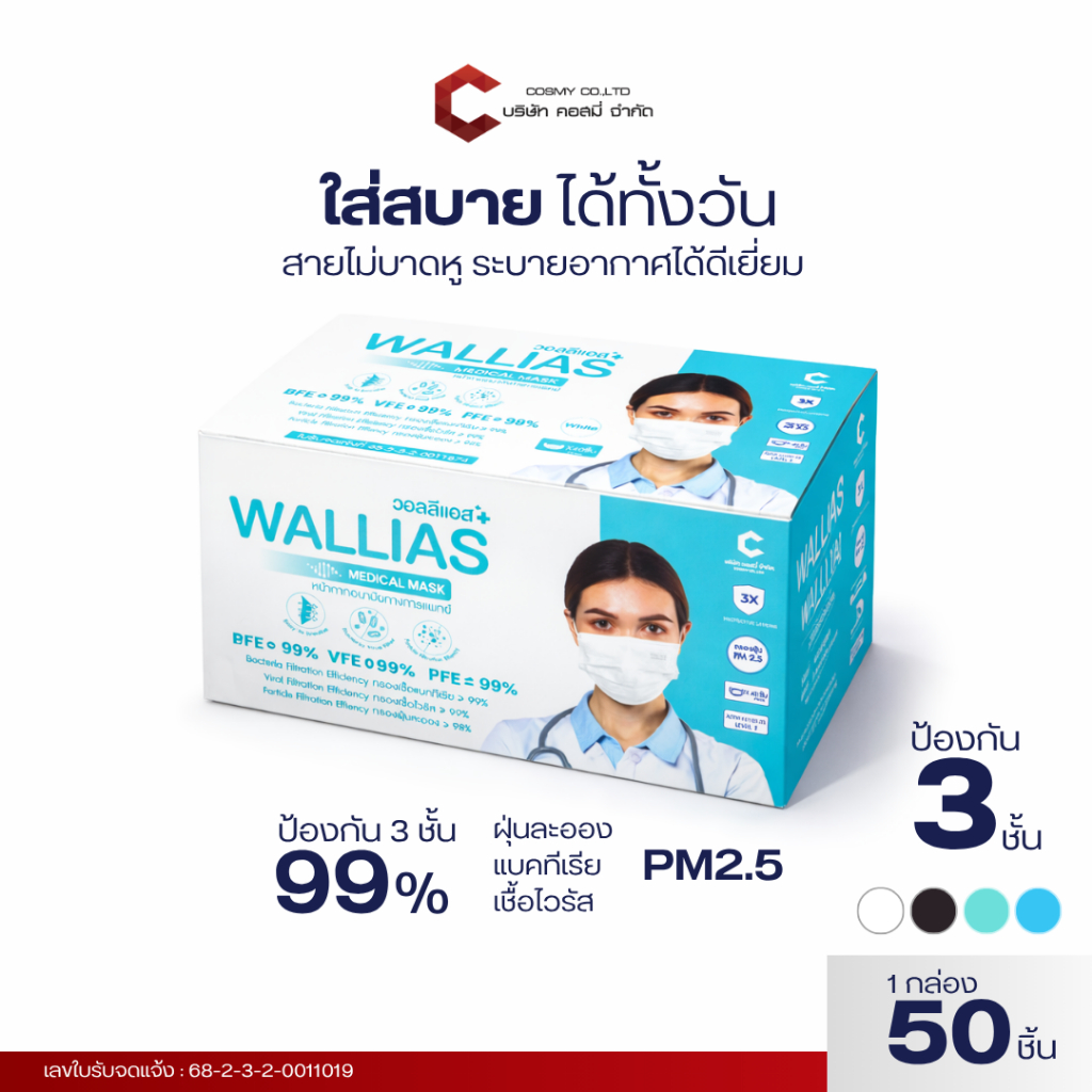 Wallias หน้ากากอนามัย [แบบซองและแบบกล่อง] Medical Mask หนา 3 ชั้น ใช้แล้วทิ้งไม่เจ็บหู ใส่สบาย