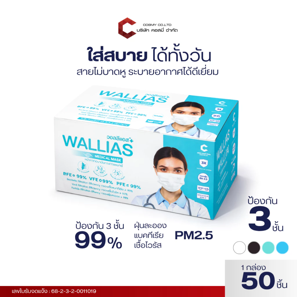 Wallias หน้ากากอนามัย [แบบซองและแบบกล่อง] Medical Mask หนา 3 ชั้น ใช้แล้วทิ้งไม่เจ็บหู ใส่สบาย