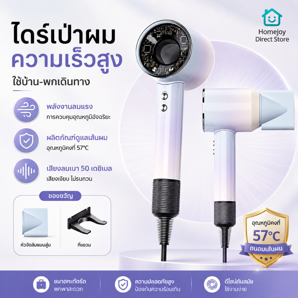 ดร์เป่าผมความเร็วสูง 110,000 RPM ไอออนลบ 200 ล้าน ผมแห้งไว ไม่เสียผม ควบคุมอุณหภูมิ 57°C