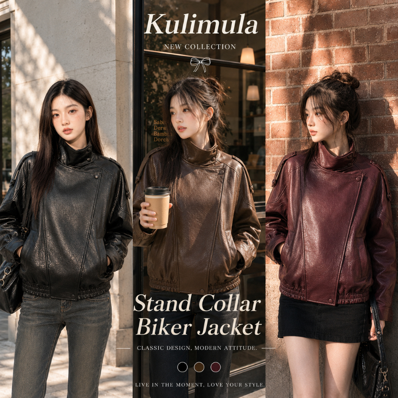 Malimays Stand Collar Leather Jacket