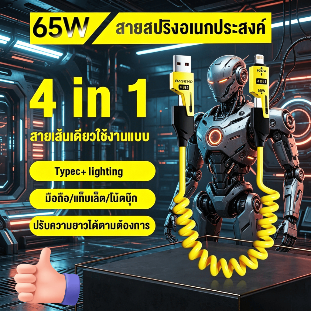 สายชาร์จสปริง 4-in-1 USB เป็น Type-C PD 65W ชาร์จเร็วพกพา เหมาะสำหรับเดินทางและกิจกรรมกลางแจ้ง