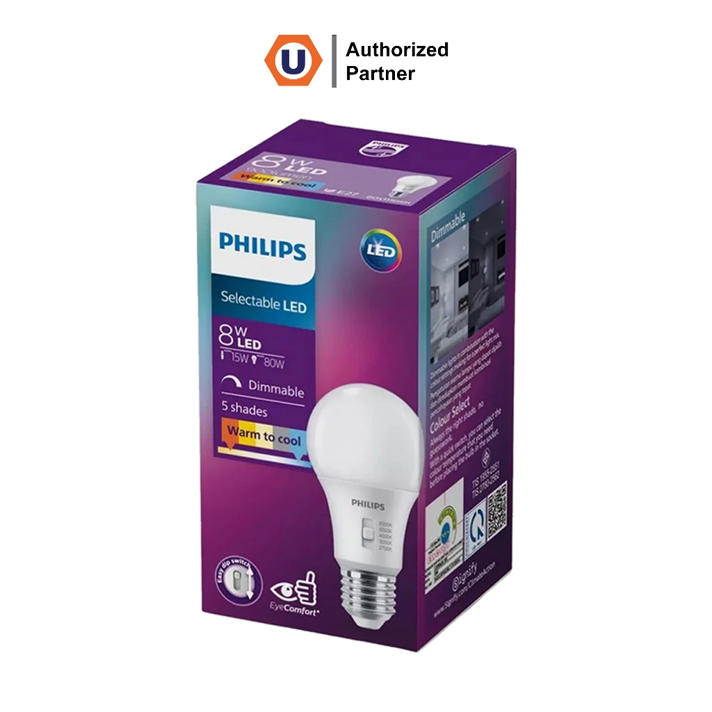 PHILIPS หลอดไฟ LED Bulb 8W ขั้วE27 ปรับได้ 5แสง 2700/3000/4000/5000/6500K หรี่แสงได้ | 929003785287