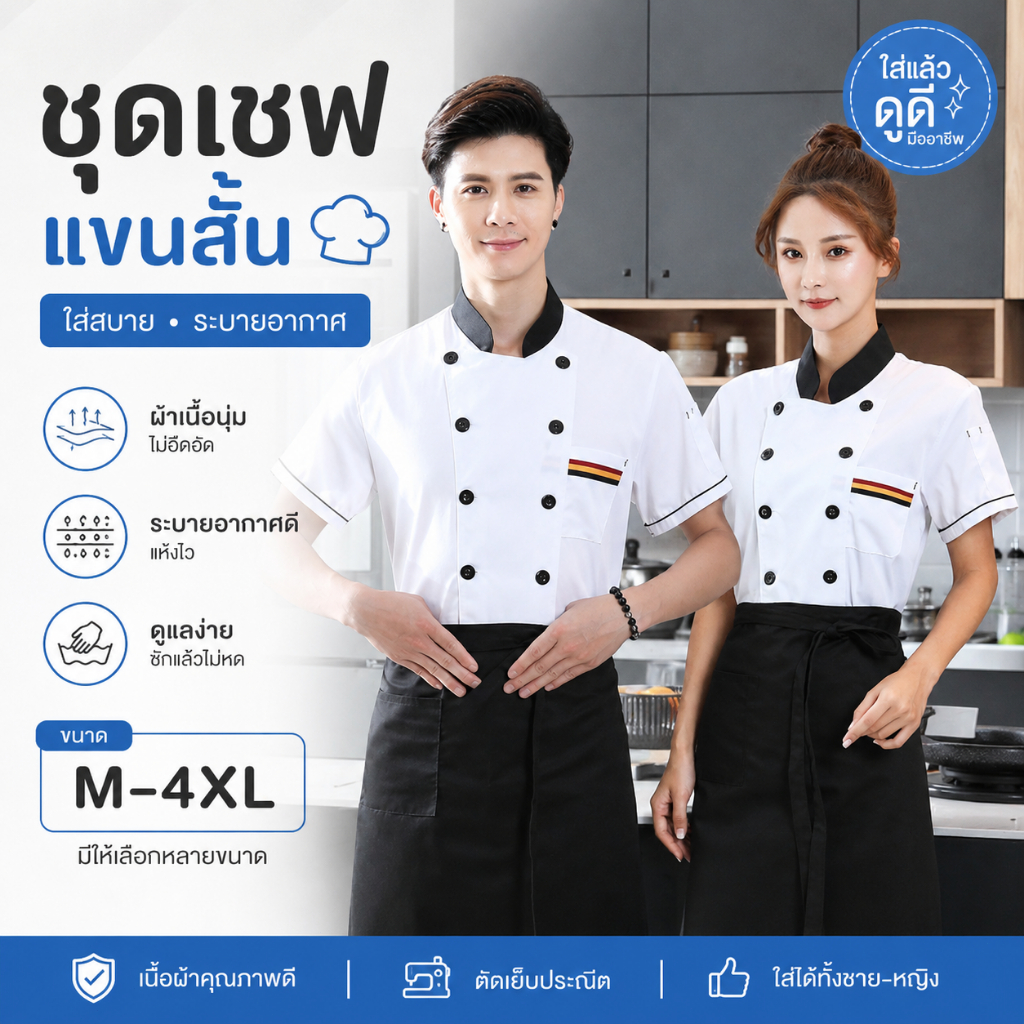ชุดเชฟคุณภาพสูง เสื้อเชฟแขนยาว ยูนิฟอร์มเชฟชายหญิง ชุดทำครัว ร้านอาหาร โรงแรม โรงเรียนสอนทำอาหาร