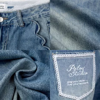 Paloy - PL6322 Picnic Jeans กางเกงยีนส์ขายาวกระเป๋าหลังและเอวดีเทลลูกไม้ (Camellia Days)