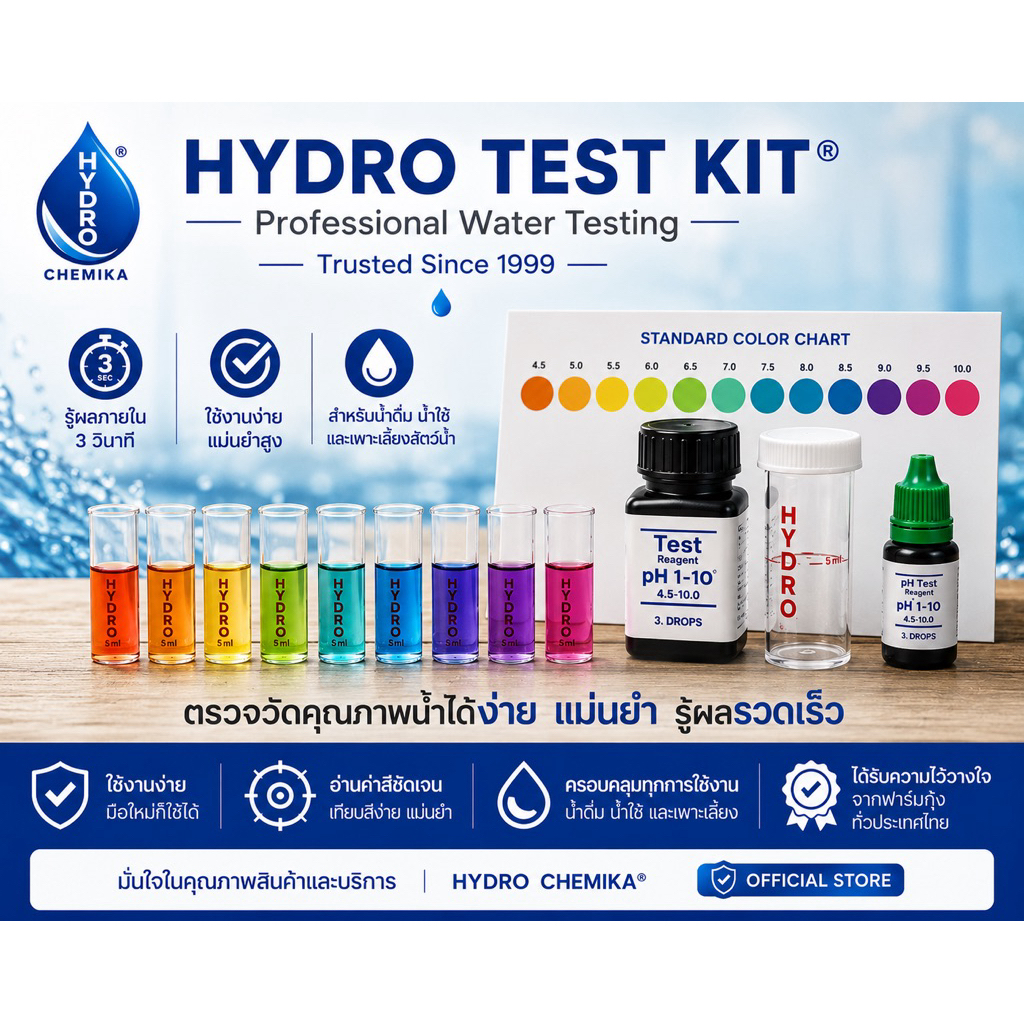 ชุดวัดค่า pH / Water Test Kit ชนิด 3 หยดใช้ได้ทั้งน้ำจืดและน้ำทะเล น้ำเพื่อสัตว์น้ำ กุ้ง,ปลา และวัดค่าพีเอชของน้ำดื่ม