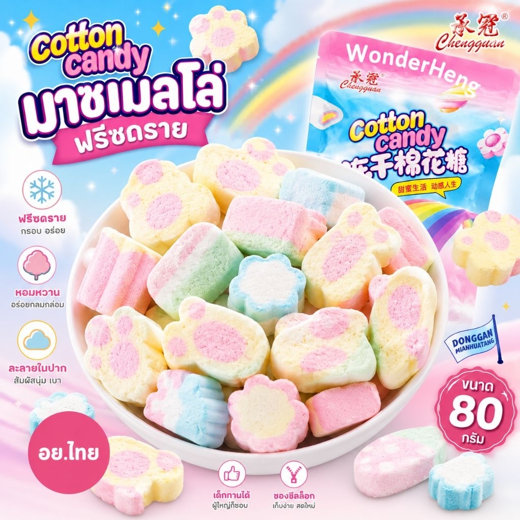 มาร์ชเมลโล่กรอบฟรีซดราย อย.ไทย 80 กรัม หอม กรอบ ลายน่ารัก Freeze-dried crispy marshmallows