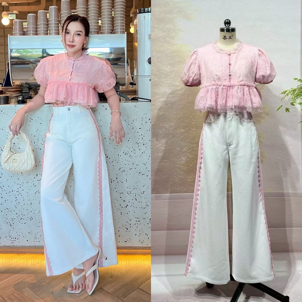 (xl,4xl) ชุดเซตกางเกงขายาว เสื้อลูกไม้+กางเกงเอวสูง ผ้าลูกฟูก แต่งแถบลูกไม้ สวยละมุน งานป้าย jusmint