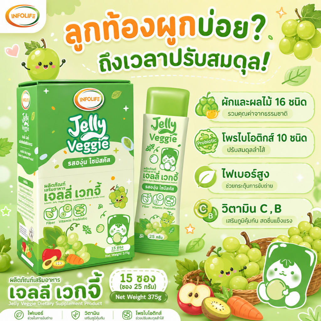 (มีส่งด่วน)อินโฟว์ไลฟ เจลลี่ผักผลไม้รวม ไม่กินผักท้องผูก ปรับสมดุลลำไส้ เสริมภูมิคุ้มกัน รสองุ่นไซมัสคัส สำหรับเด็ก