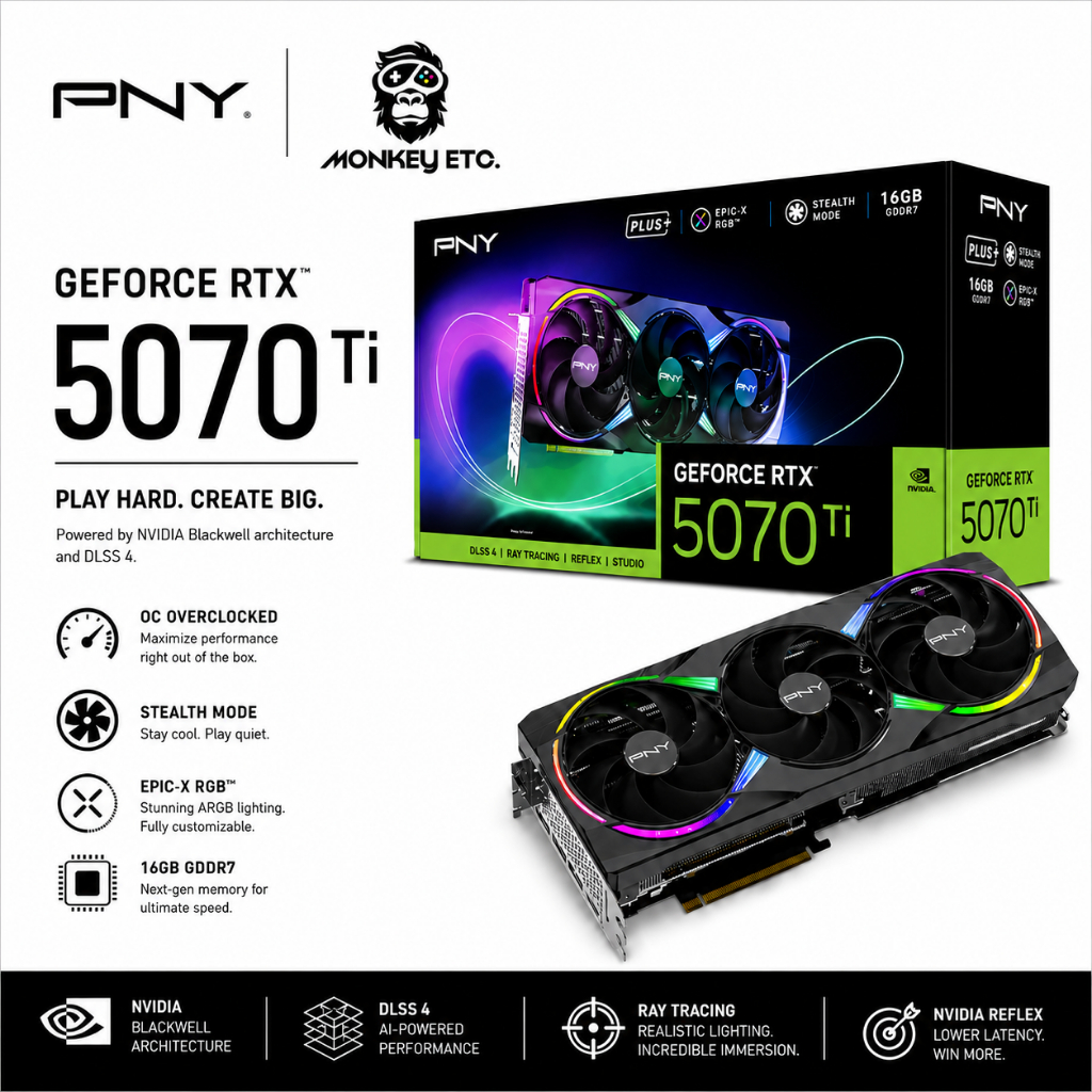 VGA การ์ดจอ PNY GeForce RTX 5070 Ti 16GB ARGB Overclocked Triple Fan DLSS 4 GDDR7