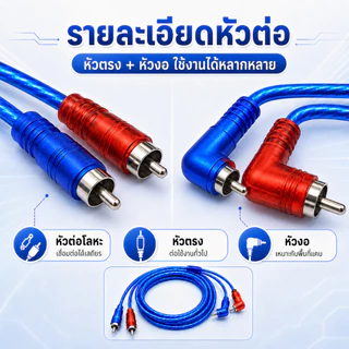 สายสัญญาณเสียง RCA สีฟ้าใส 0.5M/1M/2M/3M หัวตรง+หัวงอ 90° สำหรับแอมป์ เครื่องเสียงรถยนต์