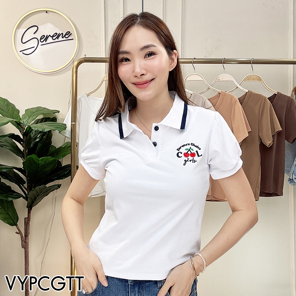 Serene's Choice เสื้อโปโล คอปก ทูโทน แขนตุ๊กตา ปักลายเชอรี่ Cool Girls สไตล์เกาหลี น่ารักมาก