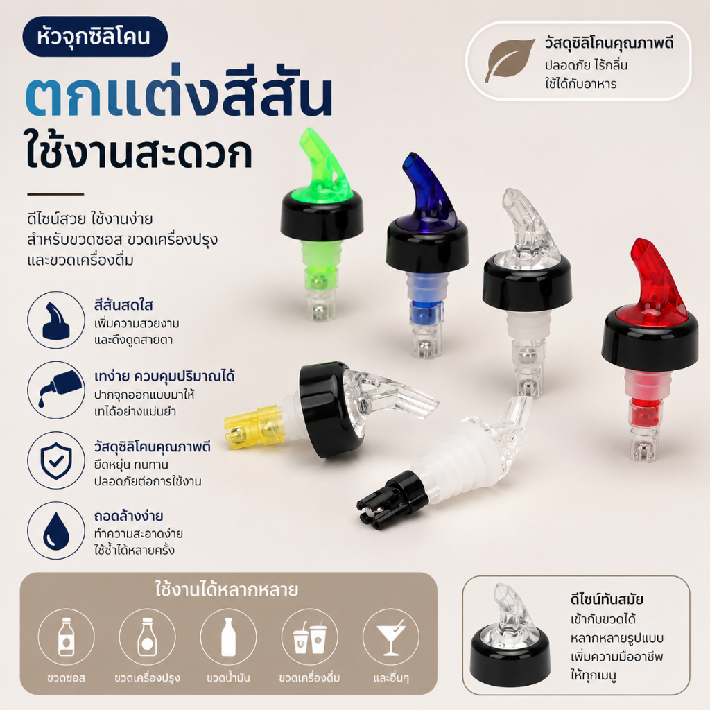 จุกรินเหล้าไวน์ สีสันสดใส ใช้กับขวดได้หลากหลาย เทง่าย จับถนัดมือ เหมาะทั้งร้านอาหารและใช้ในบ้าน