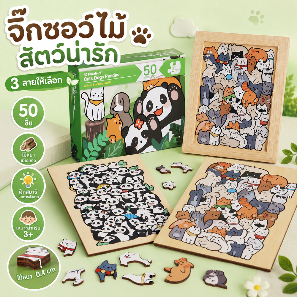 จิ๊กซอว์ไม้ลายสัตว์น่ารัก 50 ชิ้น แมว สุนัข แพนด้า ปริศนารูปทรงพิเศษ ของเล่นเสริมพัฒนาการเด็ก