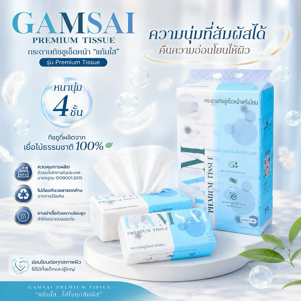 กระดาษทิชชู่เช็ดหน้าGamsai 4 ชั้น รุ่น premium 1 หิ้ว บรรจุ 5 ห่อ