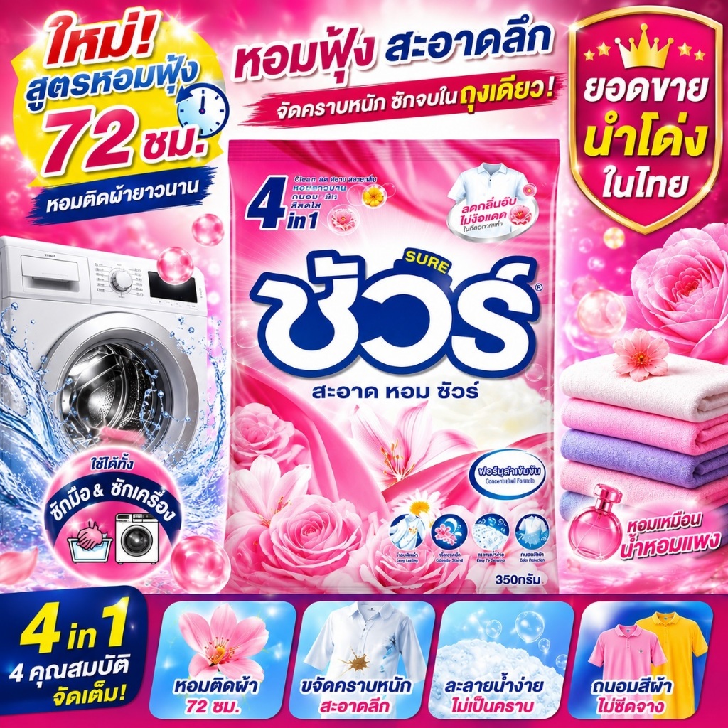 SURE 4in1 ผงซักฟอก ชัวร์ 350g ฆ่าเชื้อ 99.9%➕อมสดชื่น 72 ชั่วโมง➕ขจัดคราบสกปรก➕ ป้องกันการตกสีห