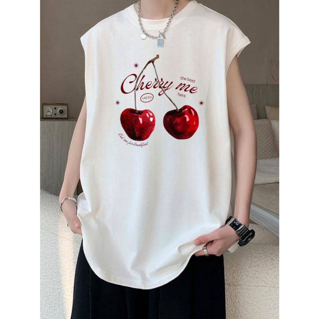 เสื้อแขนกุดคอกลม ลายเชอร์รี่ ทรงเสื้อใส่ได้ทั้งชายหญิง OP-1173