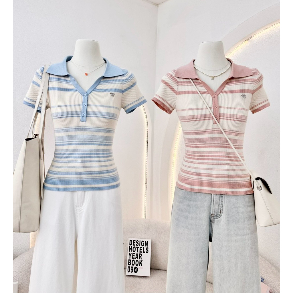 WA YA เสื้อคอปกแขนสั้น กระดุมหน้า ทรงคอวีเข้ารูป