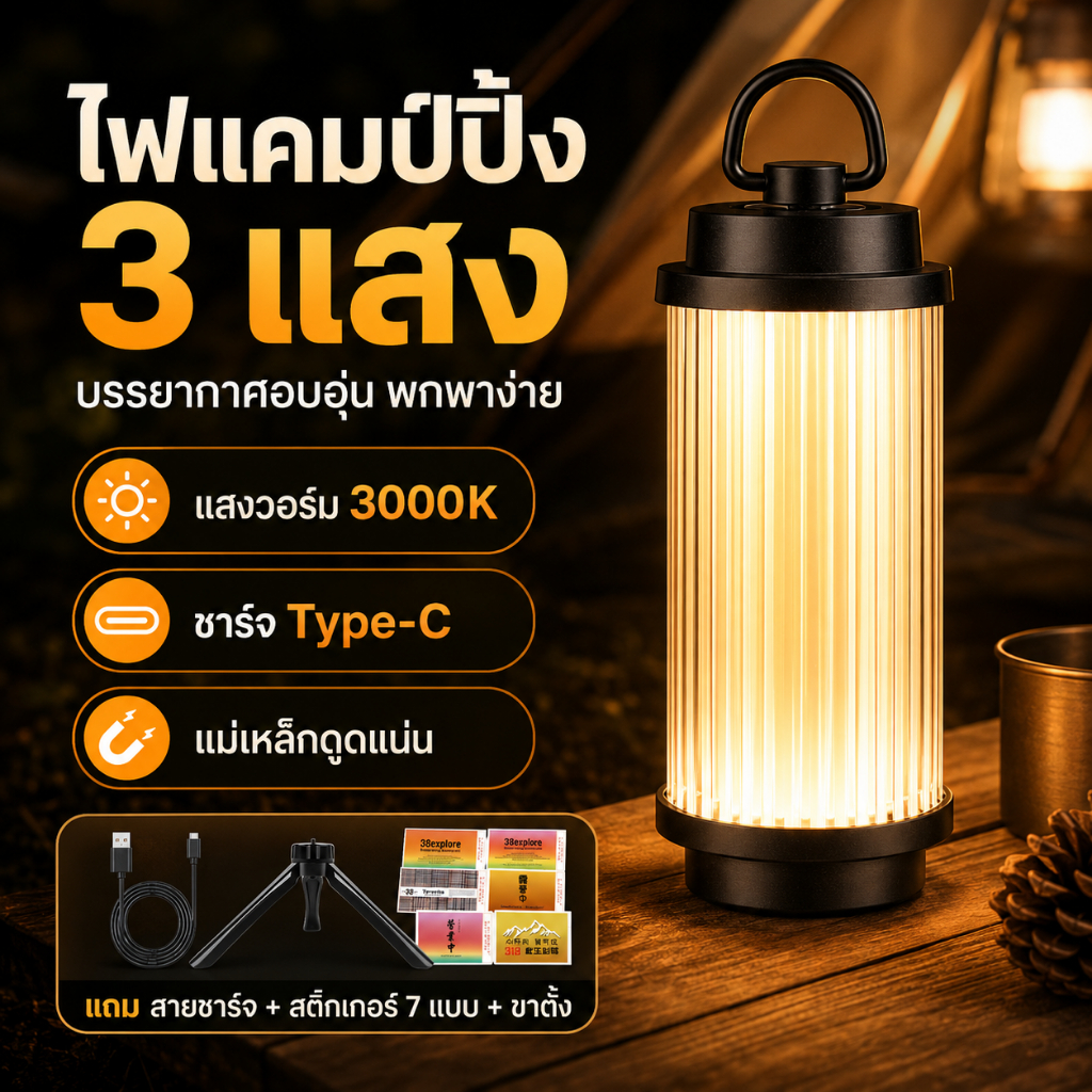 ไฟแคมป์ปิ้ง LED 3 แสง โคมไฟเต็นท์ แสงวอร์ม พกพาง่าย สำหรับแคมป์ เดินป่า ตกปลา