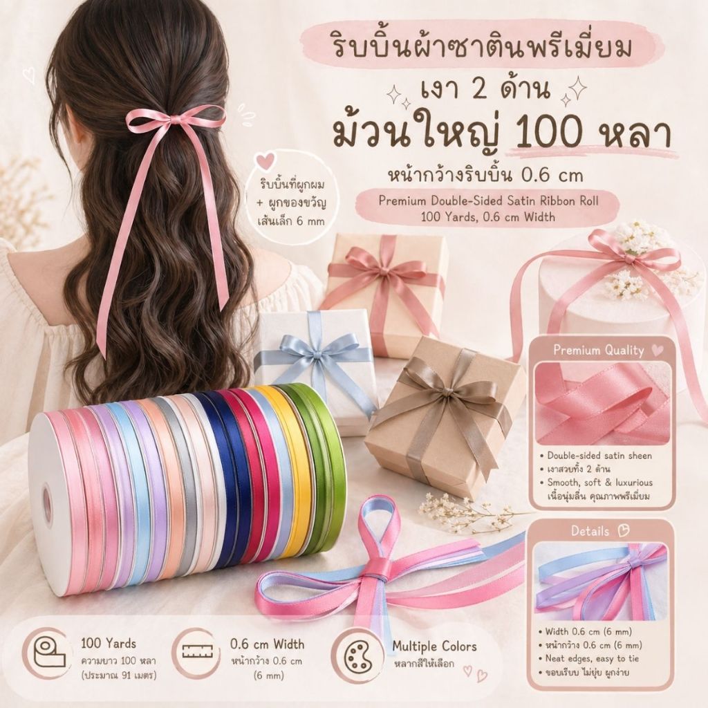 1 ม้วนใหญ่【100หลา】* ริบบิ้นผ้าซาตินขนาด 0.6 cm.สีเรียบเงา 2 ด้าน รุ่น CLASSIC ผูกของขวัญ  [RBR-0023-06mm-100Y]