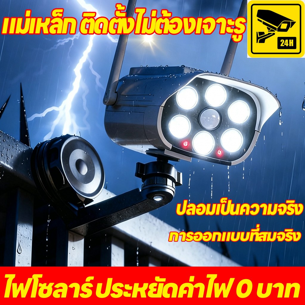 โคมไฟสนามโซล่าเซลล์ กล้องวงจรปิดเลียนแบบ ไฟถนนกลางแจ้ง ตรวจจับความเคลื่อนไหวมนุษย์อัจฉริยะ โคมผนังสว่างสูง