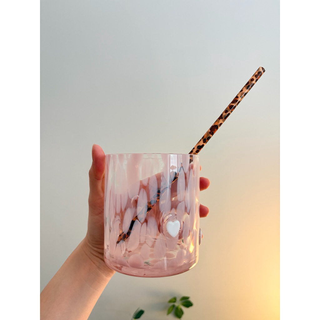 รอผลิต10วัน New 🫧🩷 Heart Dot glass แก้วเป่า งานHandmade รูปหัวใจ มี2สี ใบหนาอ้วน 500ml