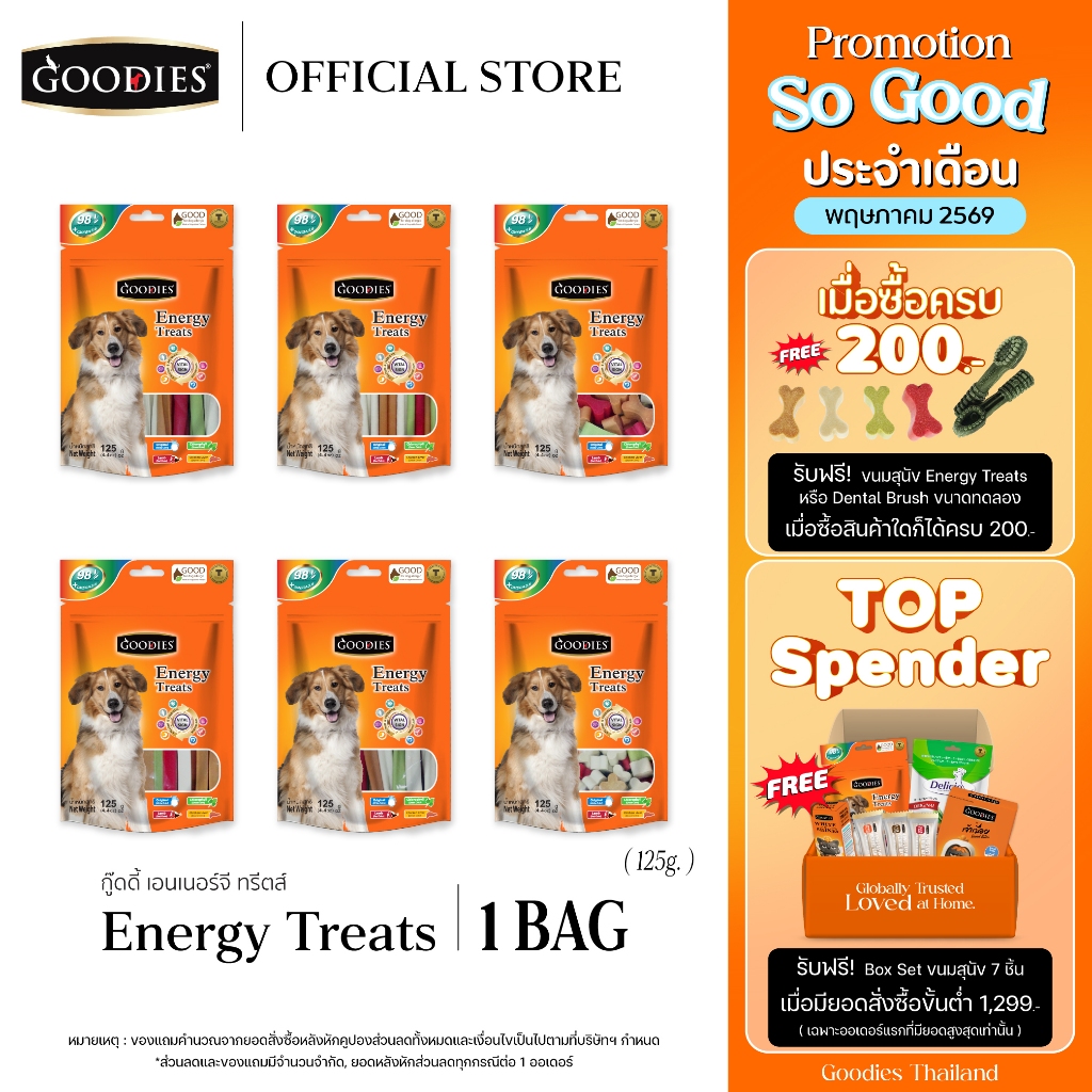 Goodies Thailand EnergyTreats 125g. คละรสชาติ ขนมบำรุงสุขภาพ เหมาะสำหรับสุนัขที่แพ้เนื้อสัตว์