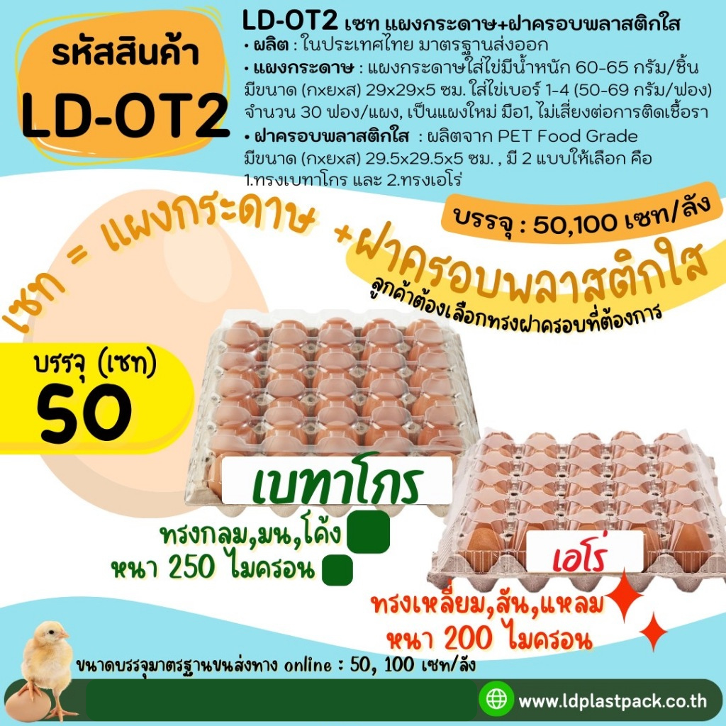 (50 เซท ของใหม่มือ1) [LD-OT2]เซทถาดแผงกระดาษและฝาพลาสติกครอบแผงไข่ 30ฟอง เบอร์1-4 ทรงเบทาโกร ทรงเอโร่ มาตรฐานส่งห้าง