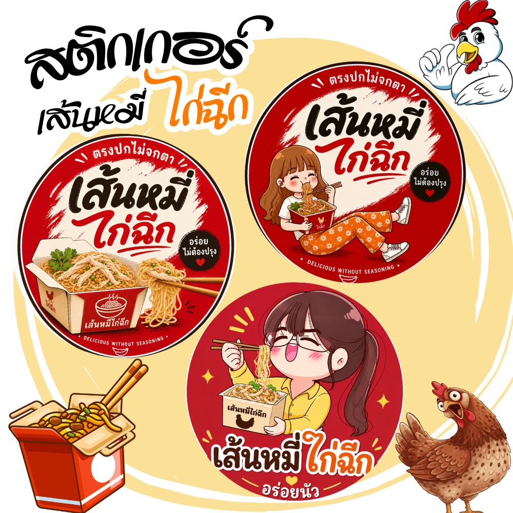 สติกเกอร์เส้นหมี่คลุกไก่ฉีกสำเร็จรูป กันน้ำ โลโก้ฉลากสินค้า