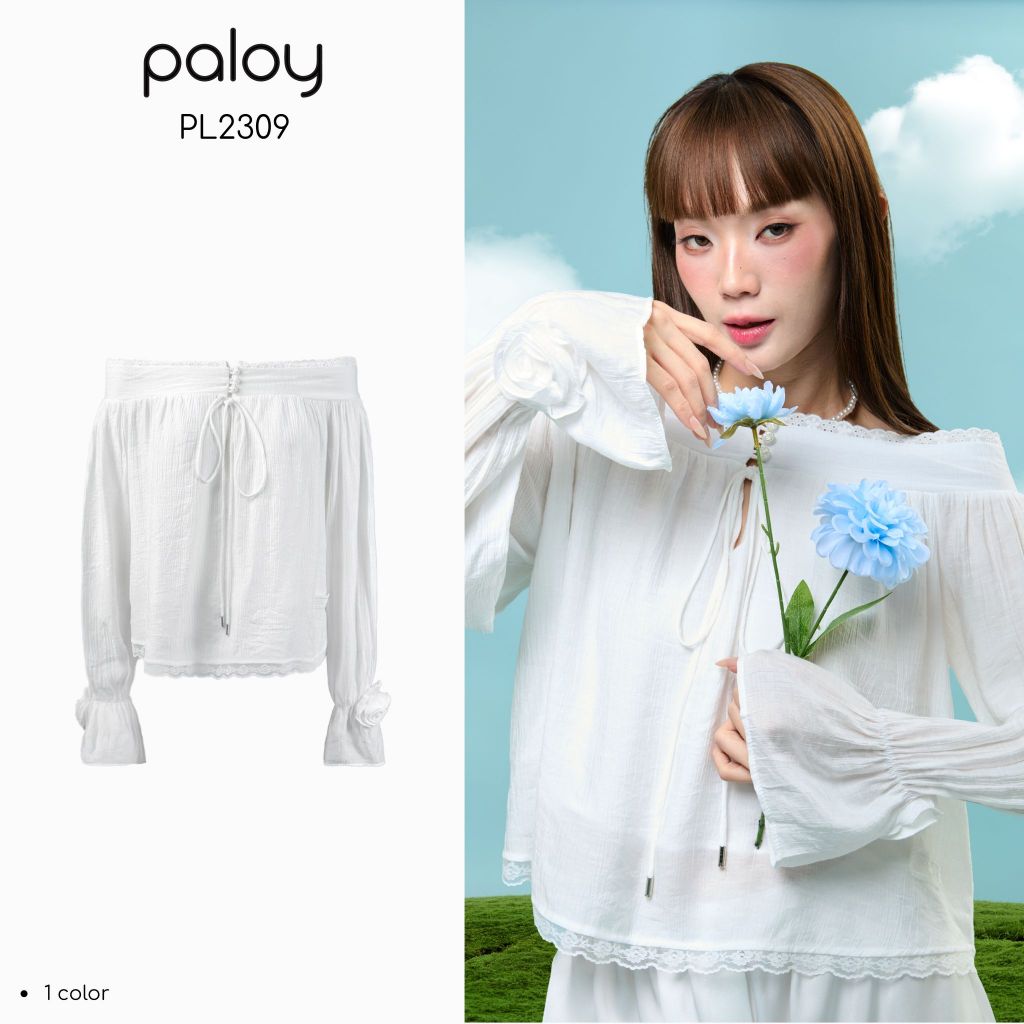 Paloy - PL2309 Daydreams Top เสื้อแขนยาวเปิดไหล่ชายลูกไม้ อกติดกอกคามีเลีย (Camellia Days)