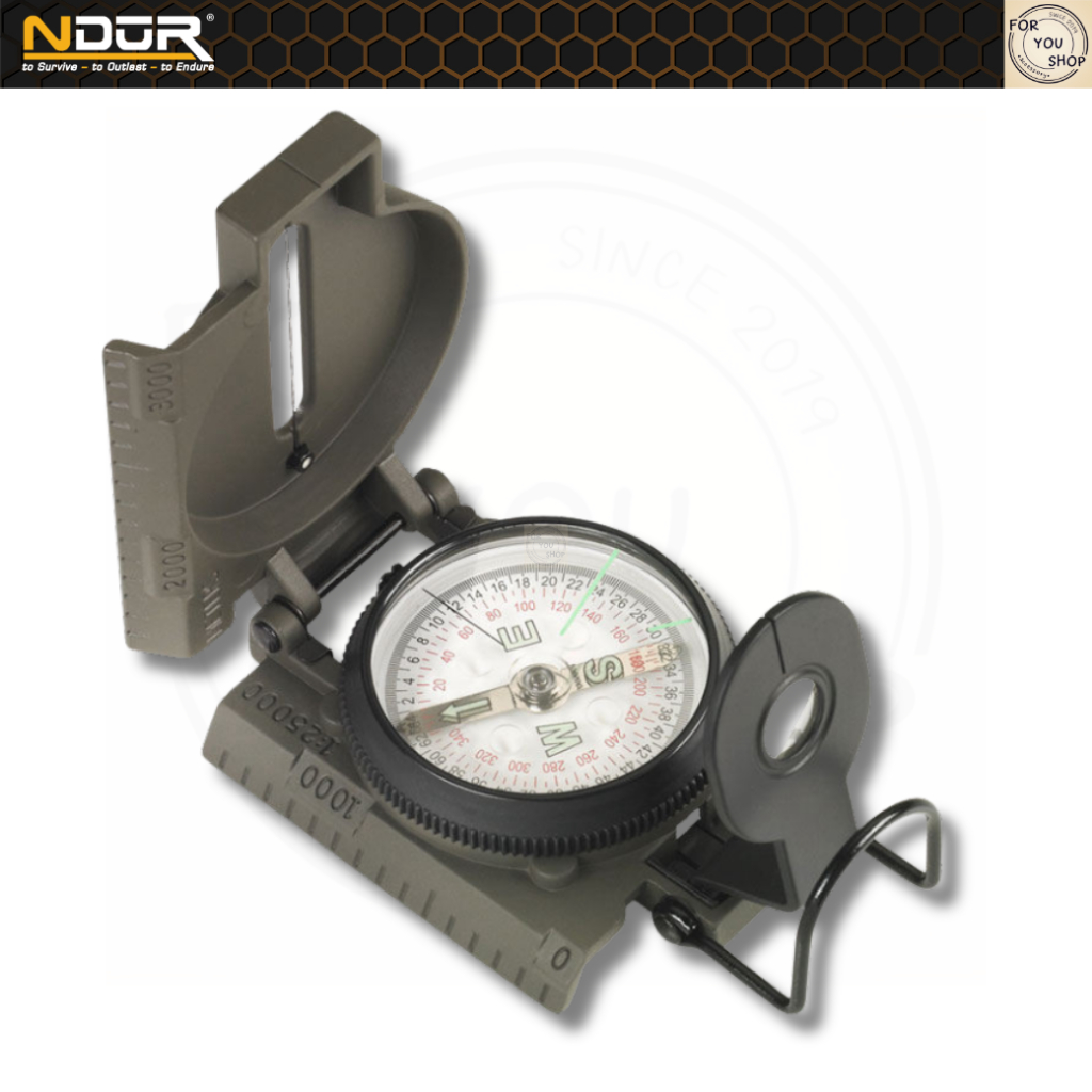 NDūR เข็มทิศเดินป่า Lensatic Compass พร้อมเคสโลหะ กันน้ำ สี Olive Drab