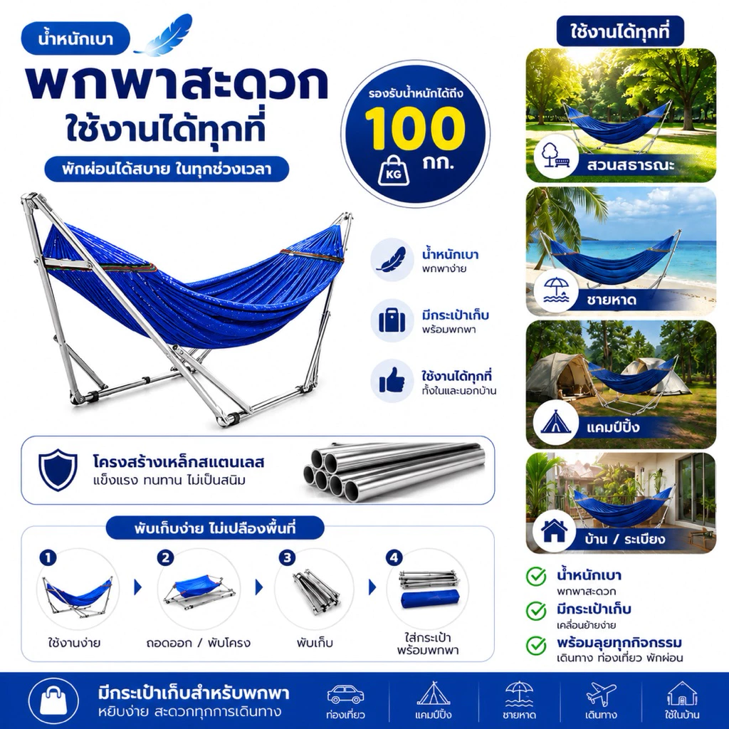 BaanInter FoldGo™ ชุดเปลผู้ใหญ่พับได้ พกพาสะดวก พร้อมกระเป๋า แคมป์ปิ้ง เปลนอนกลางแจ้ง รับน้ำหนักได้สูง thumbnail 8