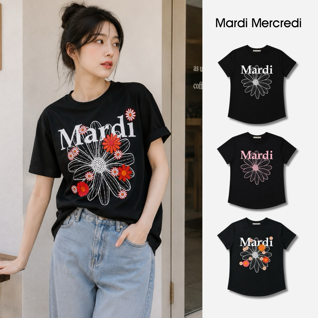 พร้อมส่ง | เสื้อยืด Mardi Mercredi - Flowermardi Black ส่งสินค้าทุกวัน รับประกันความพอใจ คืนเงินได้