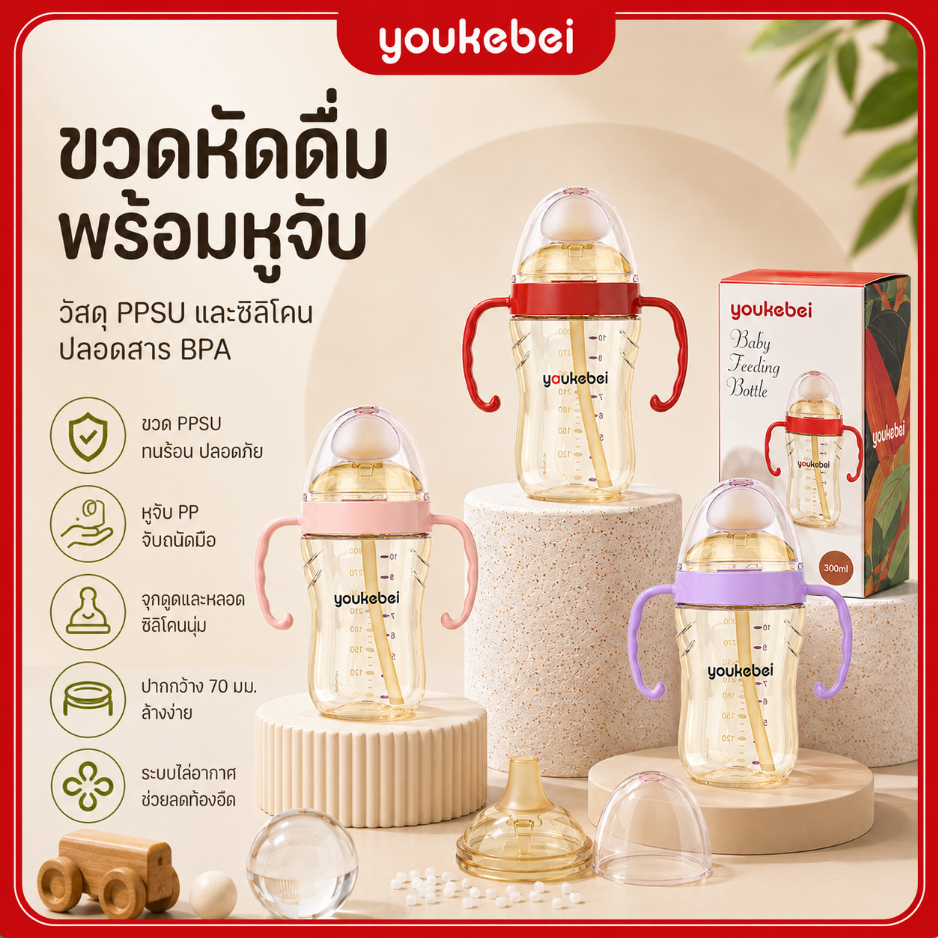 Youkebei PPSU แก้วหัดดูดปากเป็ด พร้อมหลอดดูด ขวดนมเด็ก ปากกว้าง กันสำลัก เปลี่ยนสีตามอุณหภูมิ