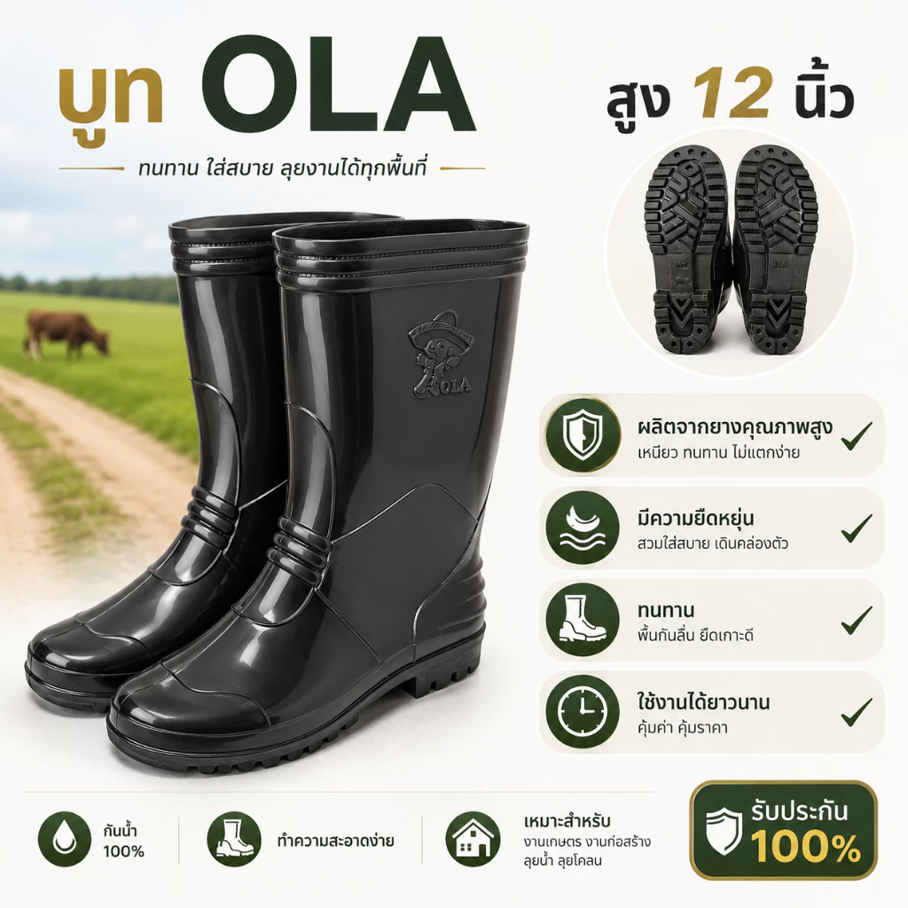 บู๊ตดำยาวโอล่า กันน้ำ กันโคลน ไซส์ 9-11.5 ขนาด 12 นิ้ว สวมใส่สบายเท้าไม่กัดเท้าทำความสะอาดง่าย