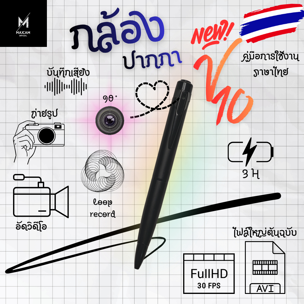 [Maxcam]กล้องวงจรปิดจิ๋วปากกา FullHd 30 FPS มีความคมชัดระเอียดสูงมีแบตในตัว 3 ชม. มีคู่มือการใช้งานภาษาไทย