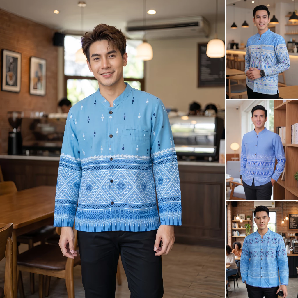 เสื้อลายไทยผู้ชายแขนยาว เนื้อผ้าฝ้ายพิมพ์ลายหมักโคลน โทนสีฟ้าพาสเทล
