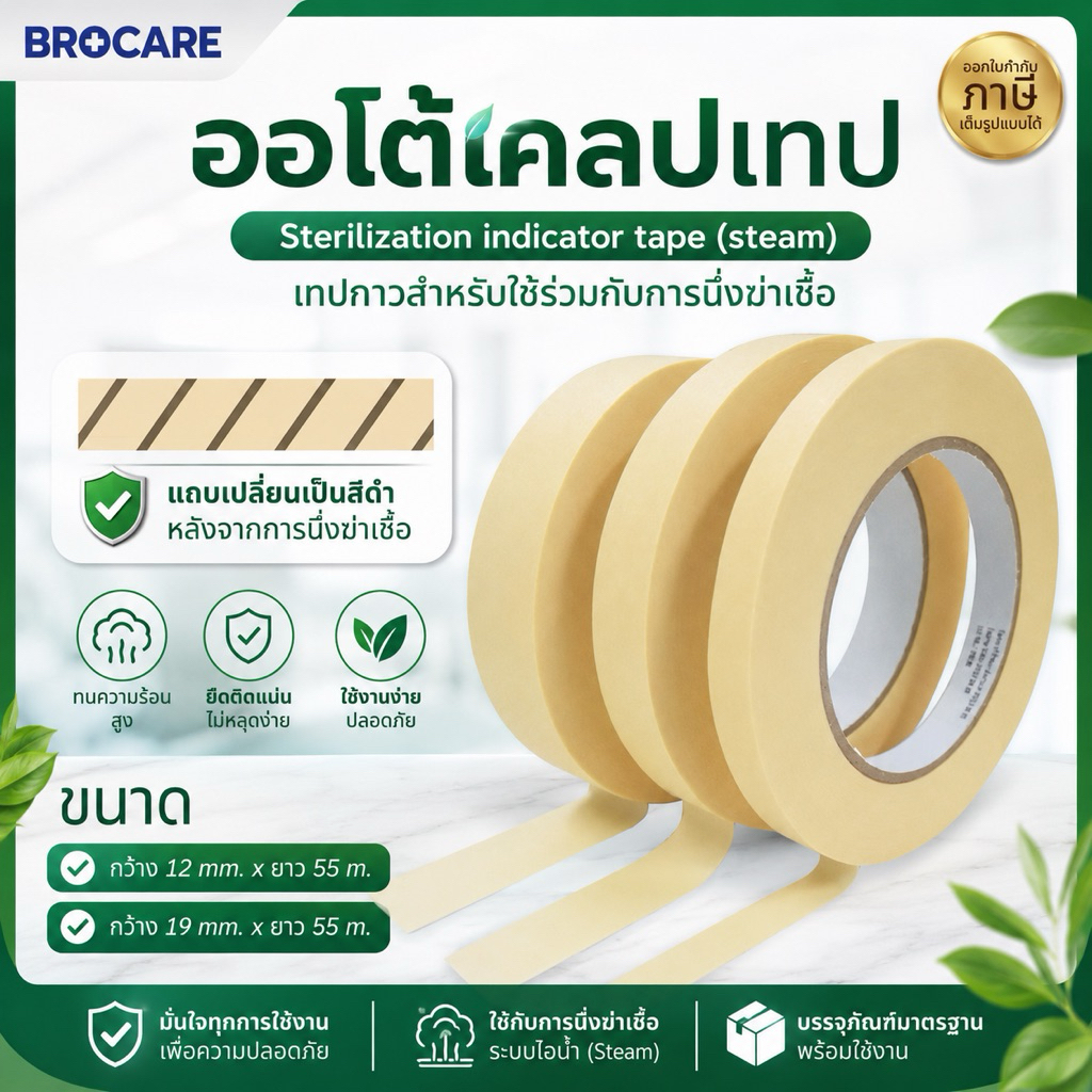 ออโต้เคลปเทป Autoclave Tape ผลิตจากกาวชนิดพิเศษ อบร้อนแล้วเปลี่ยนสี (พร้อมส่ง